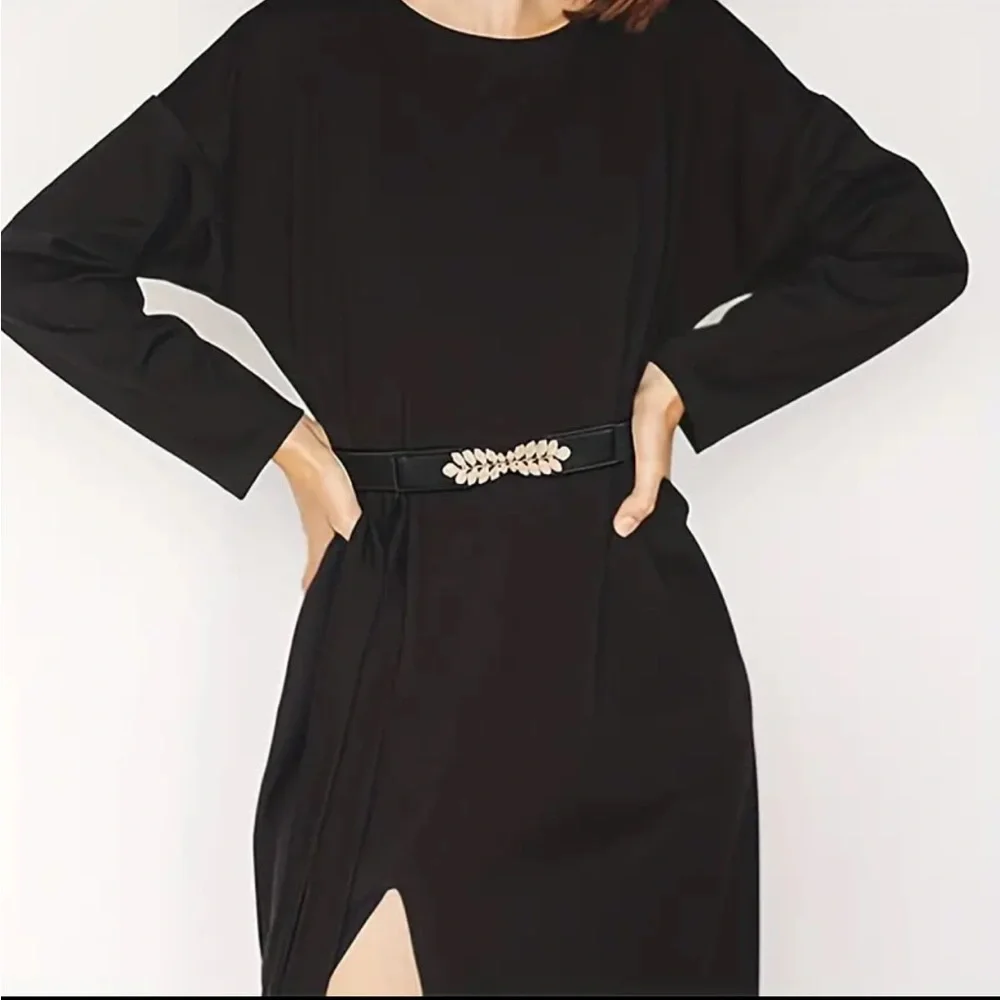 Black Elegant Gold Leaf Buckle Elastic Casual Belt Adjustable One-Size